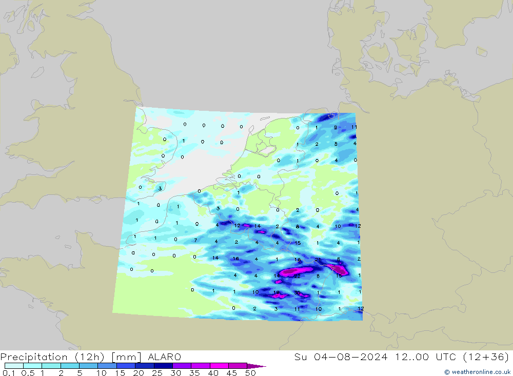 Totale neerslag (12h) ALARO zo 04.08.2024 00 UTC