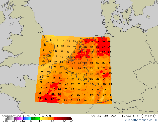 Temperatuurkaart (2m) ALARO za 03.08.2024 12 UTC