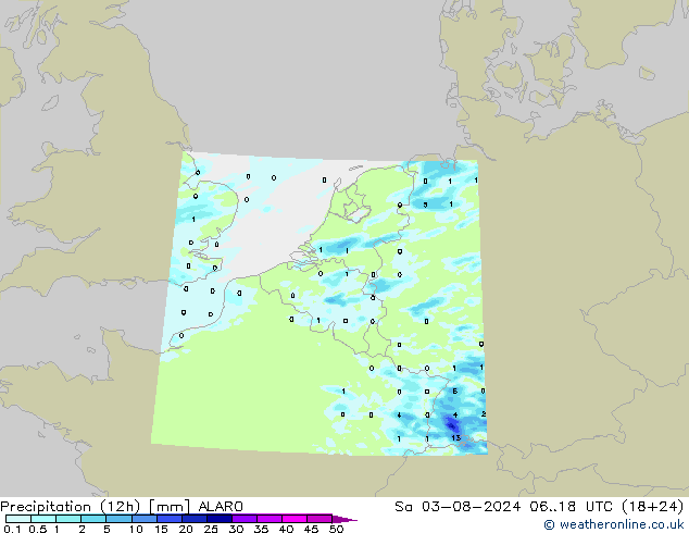 Totale neerslag (12h) ALARO za 03.08.2024 18 UTC