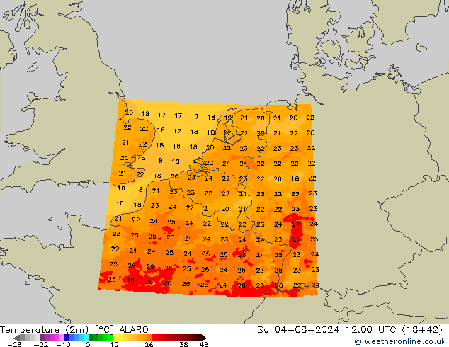 Temperatuurkaart (2m) ALARO zo 04.08.2024 12 UTC
