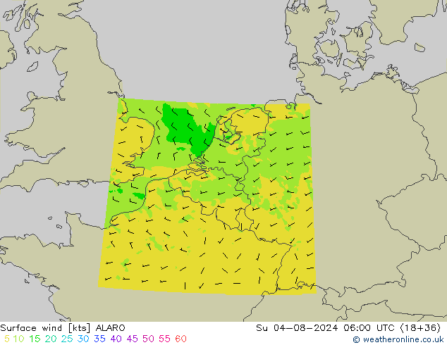 Wind 10 m ALARO zo 04.08.2024 06 UTC