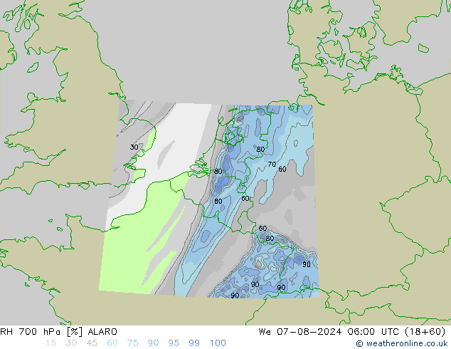 RH 700 hPa ALARO 星期三 07.08.2024 06 UTC