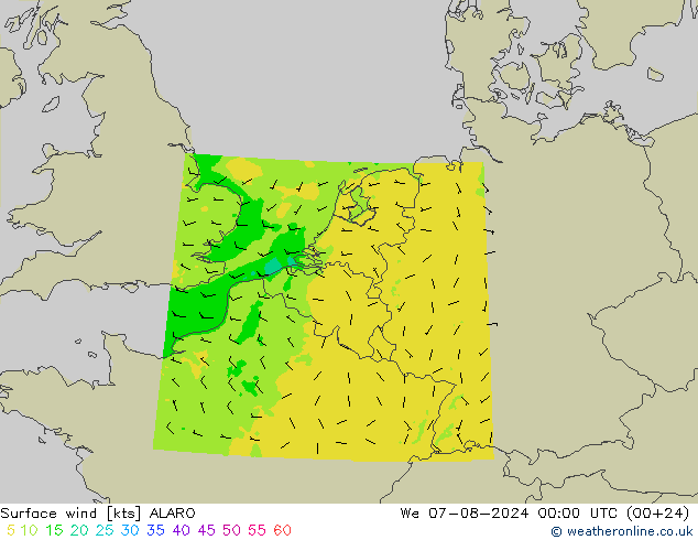 Wind 10 m ALARO wo 07.08.2024 00 UTC