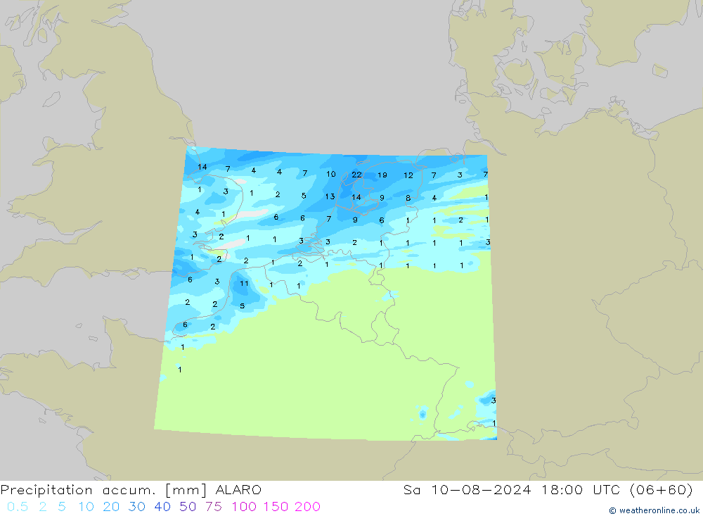 Precipitation accum. ALARO 星期六 10.08.2024 18 UTC