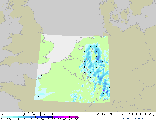 Totale neerslag (6h) ALARO di 13.08.2024 18 UTC