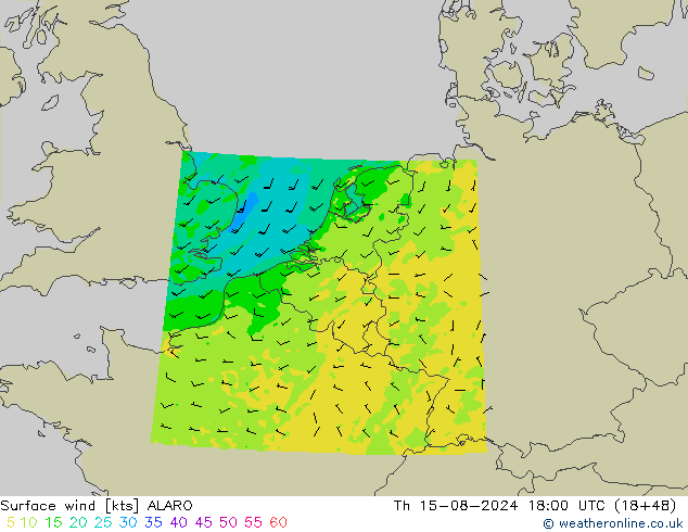 Wind 10 m ALARO do 15.08.2024 18 UTC