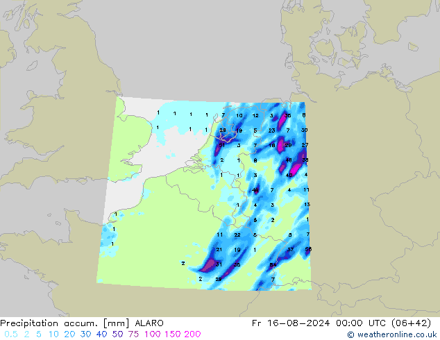 Precipitation accum. ALARO 星期五 16.08.2024 00 UTC