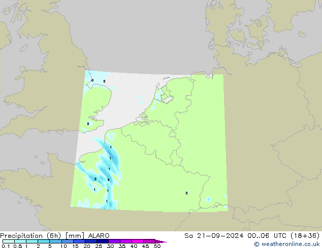 Totale neerslag (6h) ALARO za 21.09.2024 06 UTC