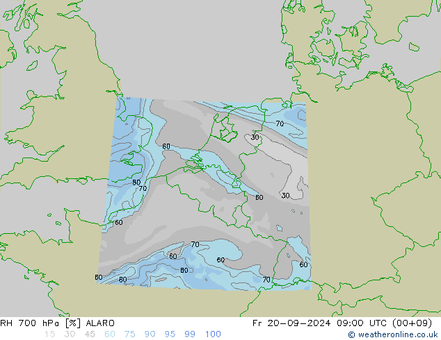 RH 700 hPa ALARO Fr 20.09.2024 09 UTC