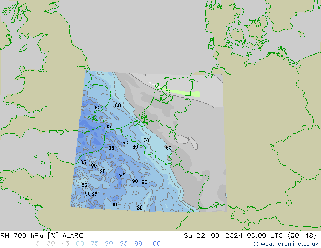 RH 700 hPa ALARO  22.09.2024 00 UTC