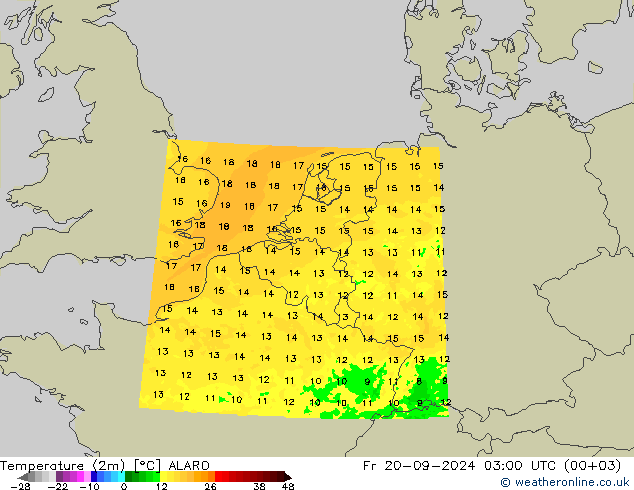 Temperatuurkaart (2m) ALARO vr 20.09.2024 03 UTC