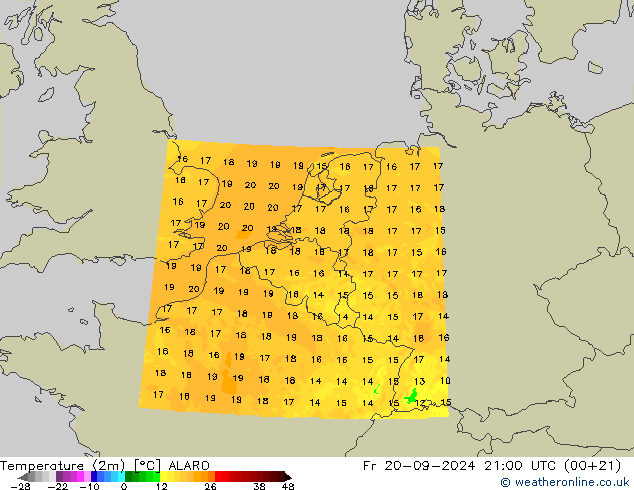 Temperaturkarte (2m) ALARO Fr 20.09.2024 21 UTC