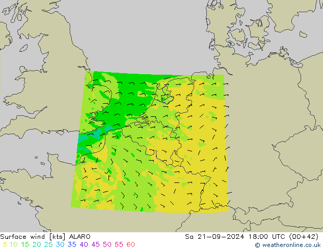 wiatr 10 m ALARO so. 21.09.2024 18 UTC