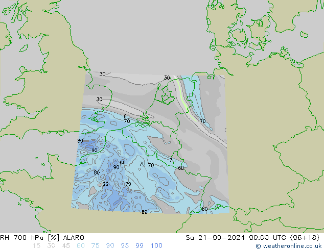 RH 700 гПа ALARO сб 21.09.2024 00 UTC