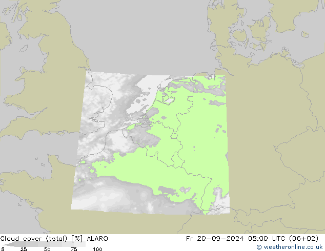 Cloud cover (total) ALARO Fr 20.09.2024 08 UTC