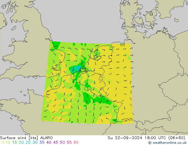 Surface wind ALARO Su 22.09.2024 18 UTC