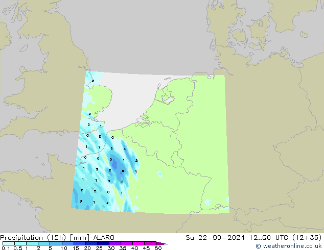 Totale neerslag (12h) ALARO zo 22.09.2024 00 UTC