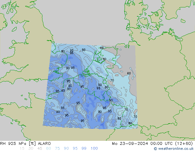 RH 925 гПа ALARO пн 23.09.2024 00 UTC