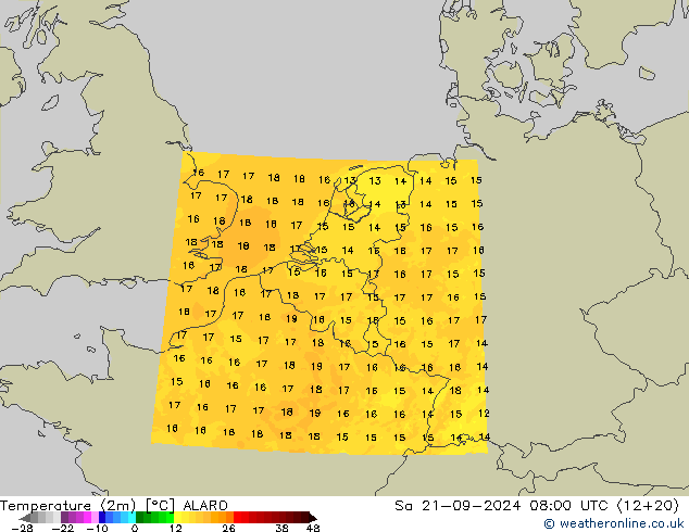 Temperatura (2m) ALARO Sáb 21.09.2024 08 UTC