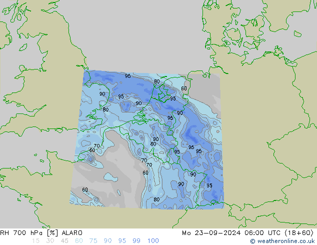 RH 700 hPa ALARO  23.09.2024 06 UTC