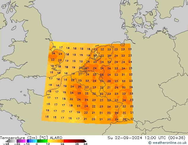 Temperatura (2m) ALARO dom 22.09.2024 12 UTC