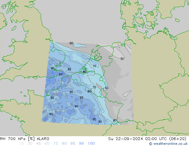 RH 700 hPa ALARO 星期日 22.09.2024 02 UTC