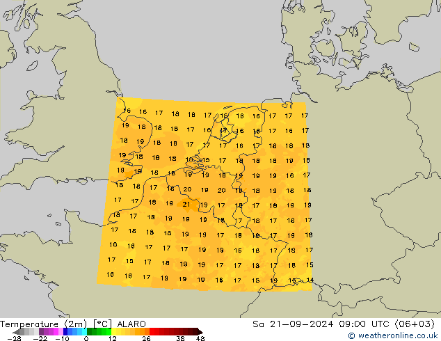 Temperaturkarte (2m) ALARO Sa 21.09.2024 09 UTC