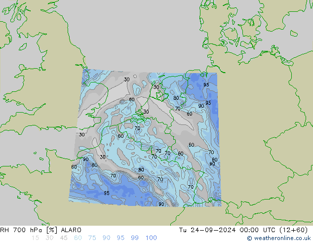 RH 700 hPa ALARO Tu 24.09.2024 00 UTC