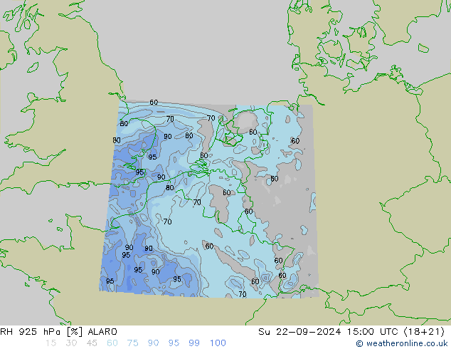 RH 925 hPa ALARO 星期日 22.09.2024 15 UTC