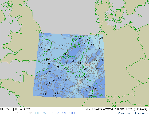 RH 2m ALARO Po 23.09.2024 18 UTC