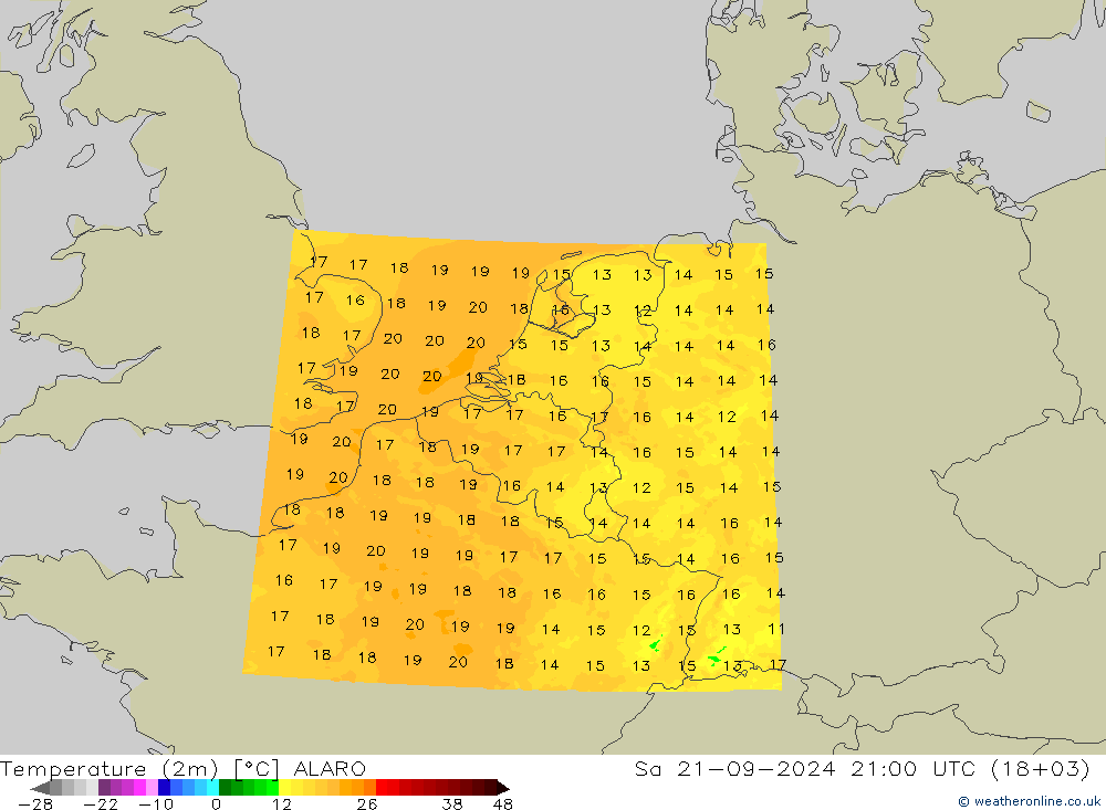 温度图 ALARO 星期六 21.09.2024 21 UTC