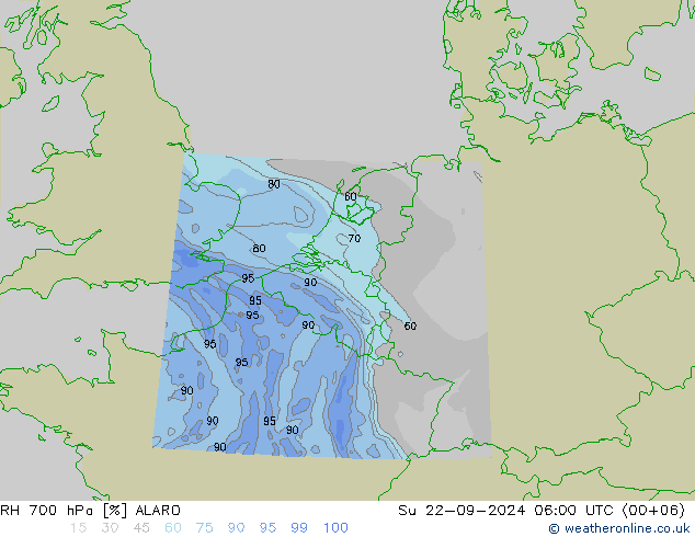 RH 700 hPa ALARO 星期日 22.09.2024 06 UTC