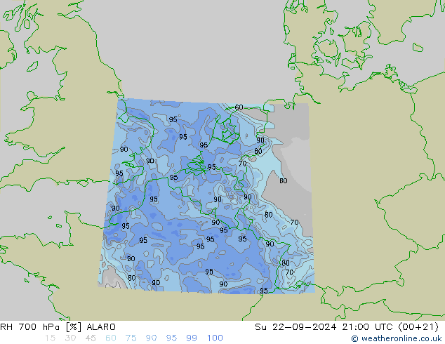 RH 700 hPa ALARO Dom 22.09.2024 21 UTC