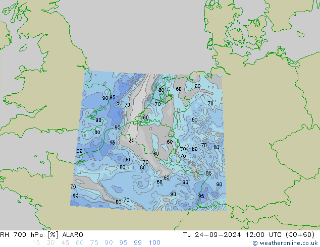 RH 700 hPa ALARO mar 24.09.2024 12 UTC