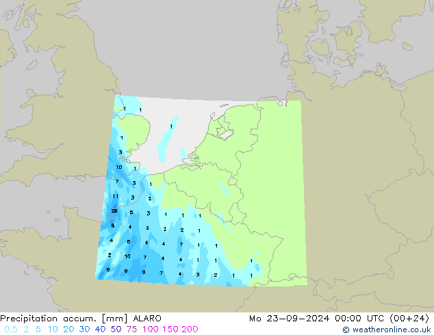 Precipitation accum. ALARO Mo 23.09.2024 00 UTC