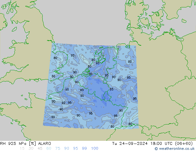 RH 925 hPa ALARO Út 24.09.2024 18 UTC