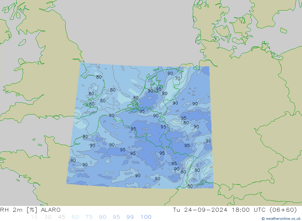 RH 2m ALARO Di 24.09.2024 18 UTC