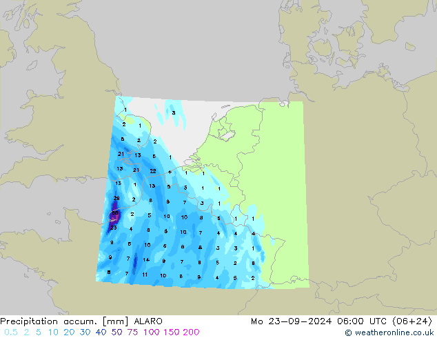 Precipitation accum. ALARO Seg 23.09.2024 06 UTC