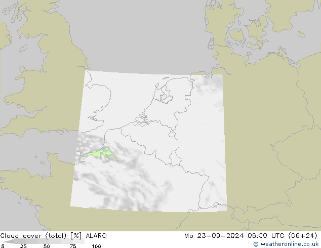 Cloud cover (total) ALARO Po 23.09.2024 06 UTC