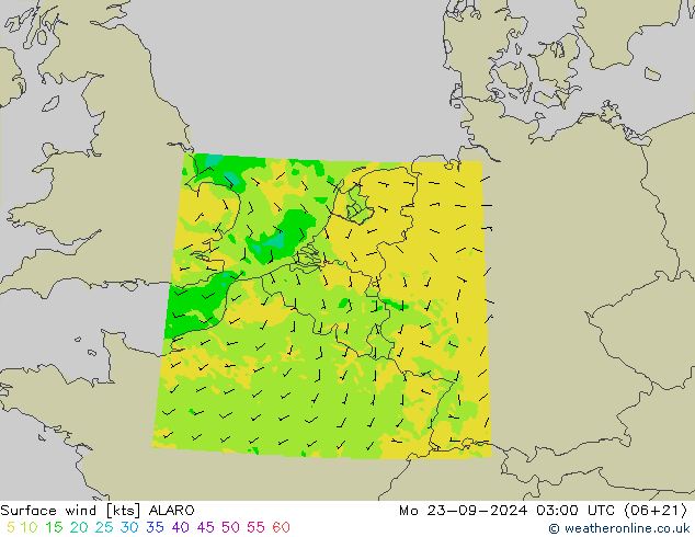 Surface wind ALARO Mo 23.09.2024 03 UTC