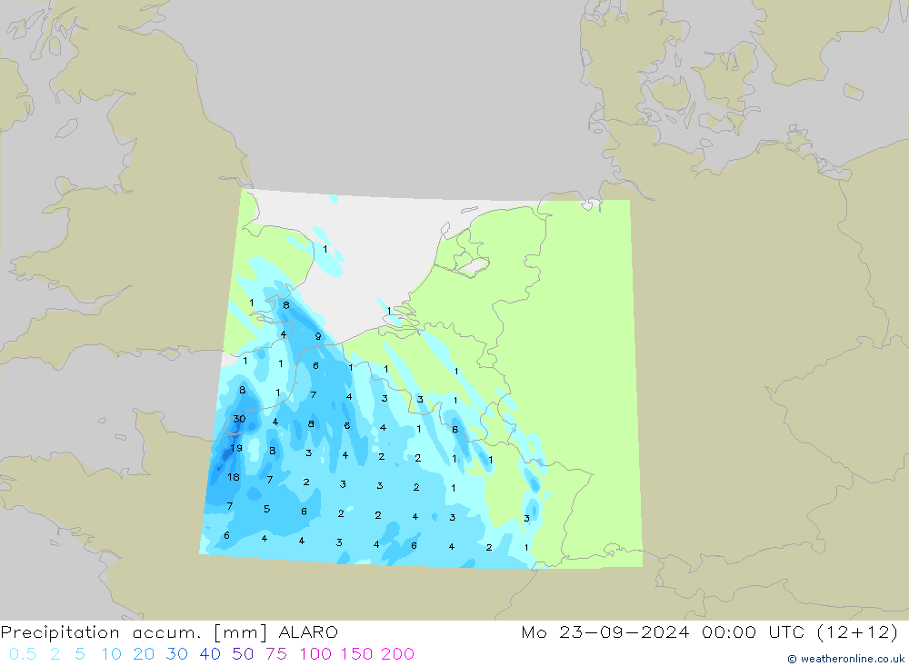 Précipitation accum. ALARO lun 23.09.2024 00 UTC