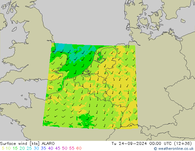 Vento 10 m ALARO Ter 24.09.2024 00 UTC