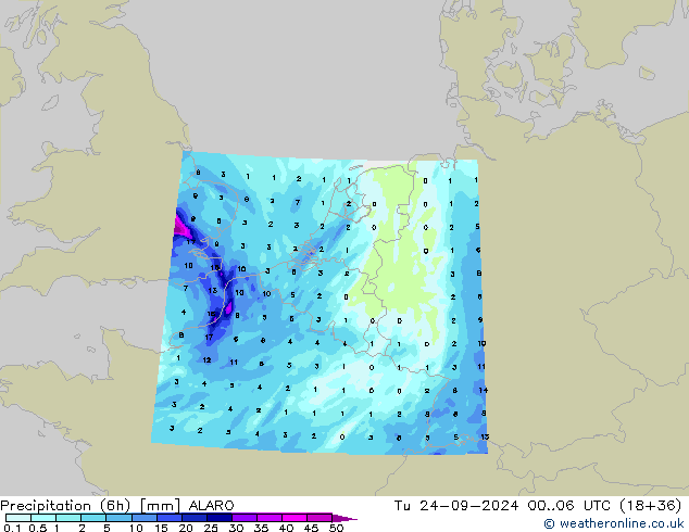 Précipitation (6h) ALARO mar 24.09.2024 06 UTC