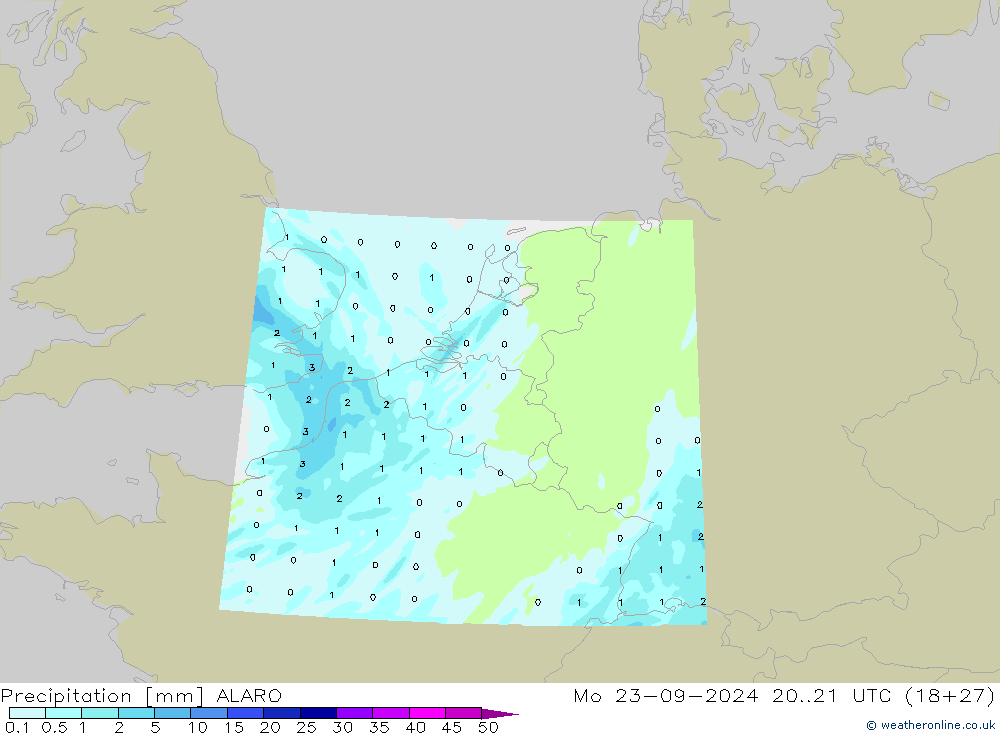 Precipitation ALARO Mo 23.09.2024 21 UTC