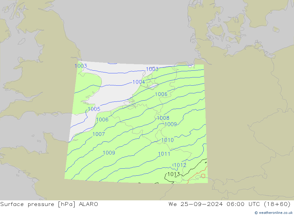 Pressione al suolo ALARO mer 25.09.2024 06 UTC