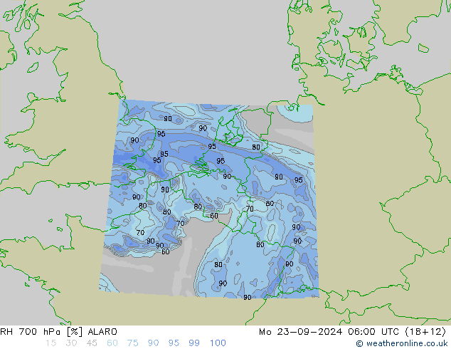 RH 700 гПа ALARO пн 23.09.2024 06 UTC