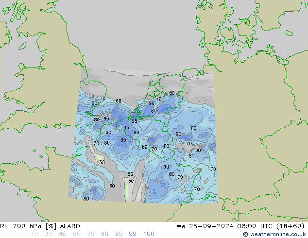 RH 700 hPa ALARO mer 25.09.2024 06 UTC