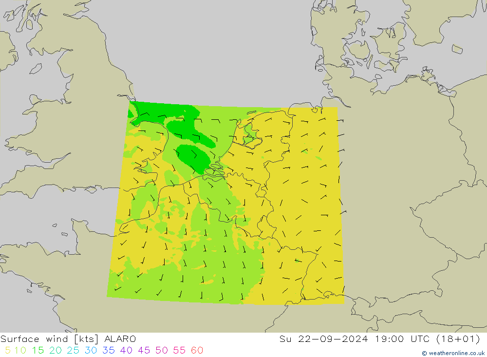 Surface wind ALARO Ne 22.09.2024 19 UTC