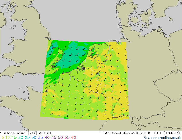 Vent 10 m ALARO lun 23.09.2024 21 UTC