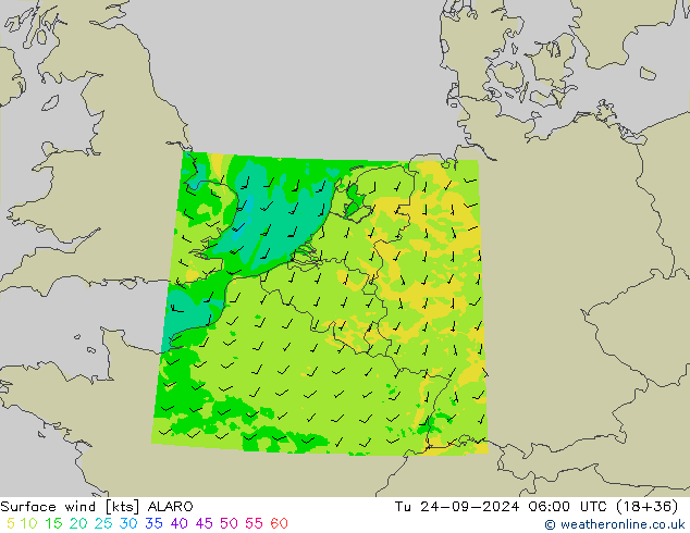 Surface wind ALARO Út 24.09.2024 06 UTC